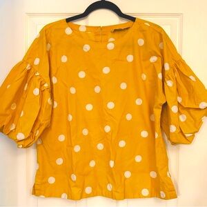 Loft Yellow Polka Dot Blouse with Bubble Sleeves Size M